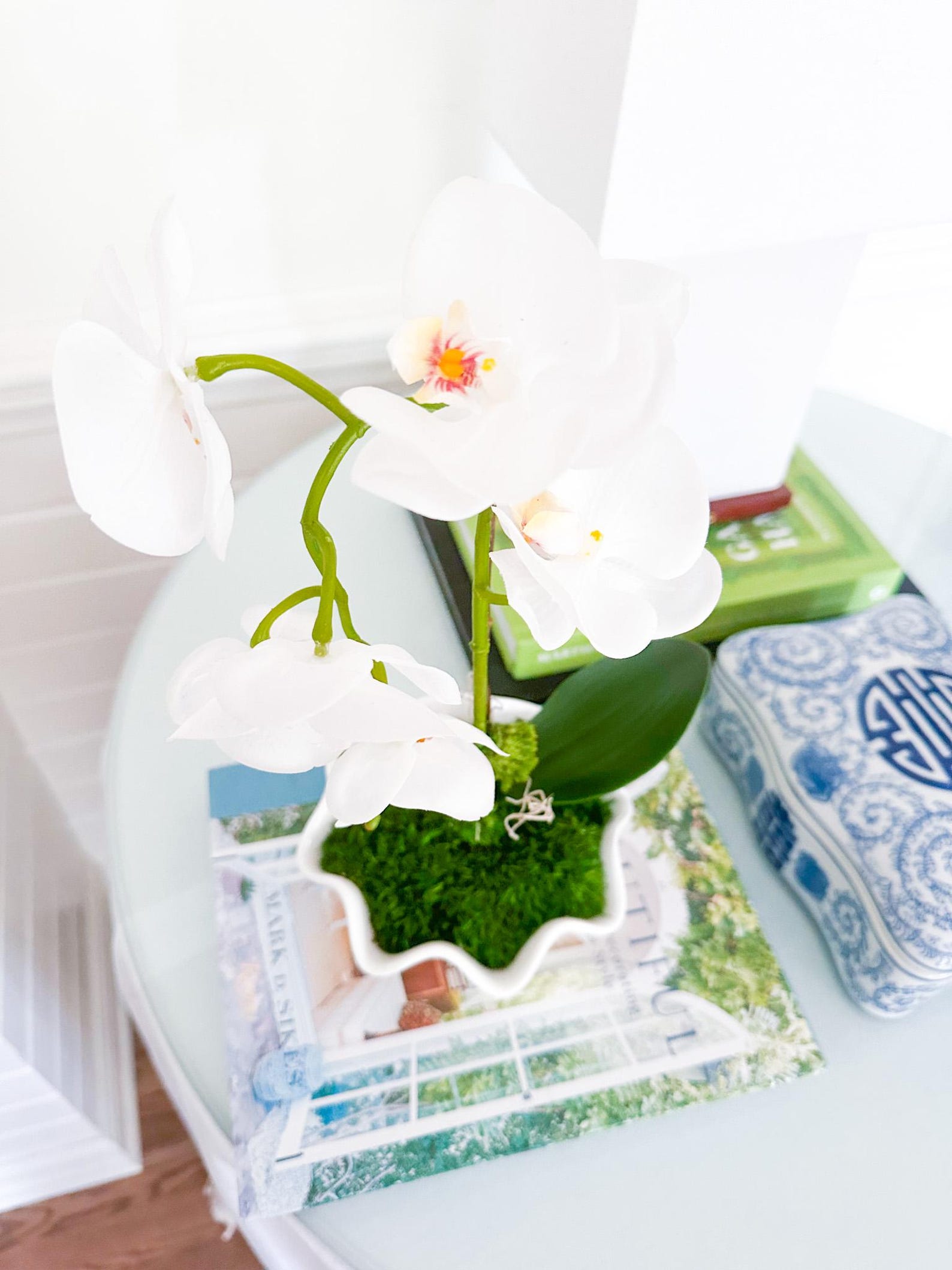 Preserved Moss Centerpiece in White Wavy Ceramic Bowl (Orchid Optional) - WITH orchid