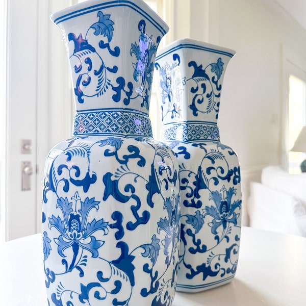 Large Antique Blue & White Chinoiserie Vase | Tall