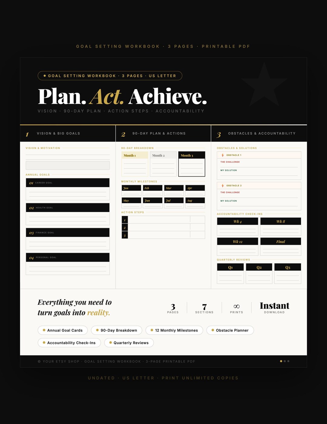 Goal Setting Workbook Printable | 90-day Plan, Vision Board, Action ...
