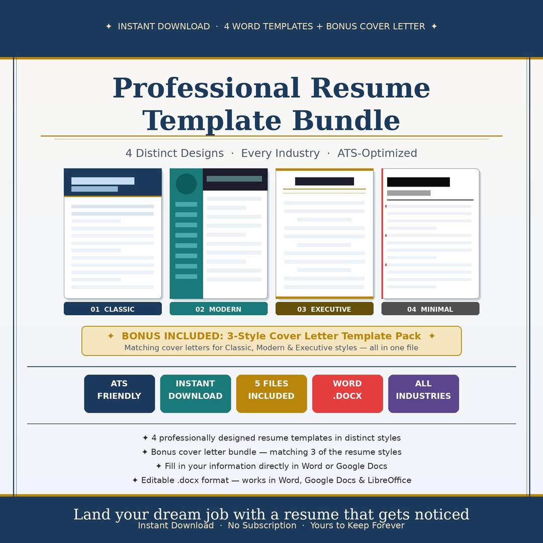 ATS Friendly Resume Template Bundle | 4 Professional Designs + Cover ...