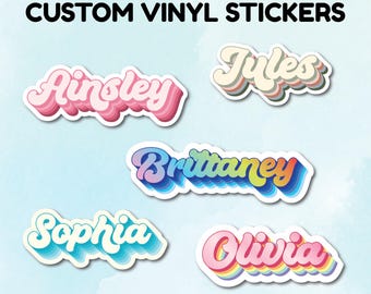 Custom Retro Name Vinyl Stickers, Waterproof Laptop Water Bottle Name Childcare Birthday Kindle Decals