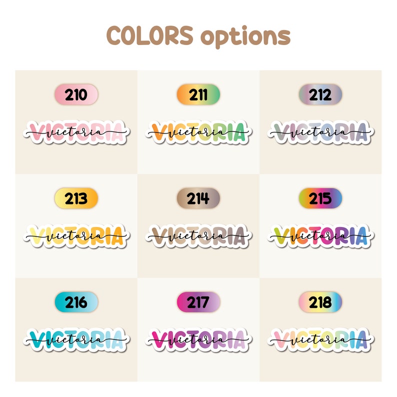May include: Nine color options for the name "Victoria" in a sticker style font. The colors are pink, green, purple, yellow, brown, blue, light blue, purple, and blue.