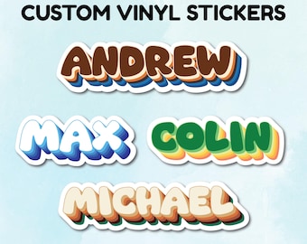 Custom Retro Name Vinyl Stickers, Waterproof Laptop Water Bottle Name Childcare Birthday Kindle Decals