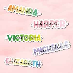 May include: Five colorful name stickers with white outlines. The names are Amanda, Harper, Victoria, Michelle, and Elizabeth.
