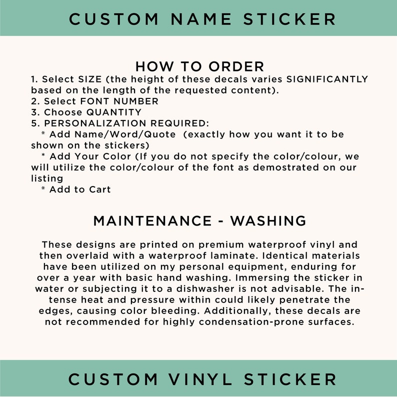 May include: Instructions for ordering custom vinyl name stickers. The instructions include selecting size, font, quantity, and personalization. The text also includes information about the materials used and how to care for the stickers.
