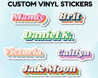Custom Retro Name Vinyl Stickers, Waterproof Laptop Water Bottle Name Childcare Birthday Kindle Decals