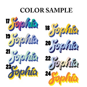May include: Color samples for the name "Sophia" in various color combinations. The name is written in a stylized, handwritten font. The colors include yellow, blue, green, and pink.