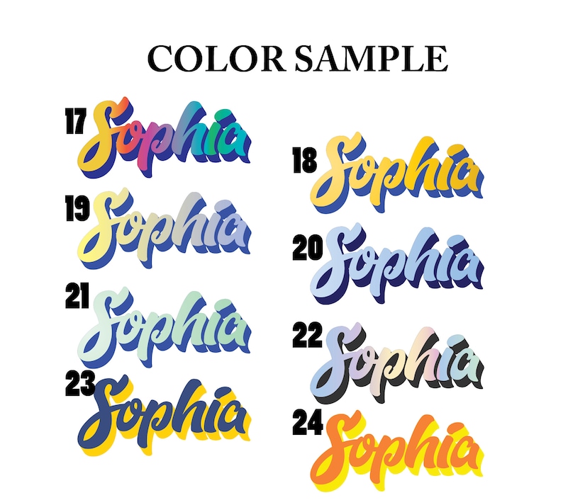 May include: Color samples for the name "Sophia" in various color combinations. The name is written in a stylized, handwritten font. The colors include yellow, blue, green, and pink.