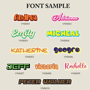 May include: A digital font sample sheet with 10 different fonts in various colors and styles. The fonts are displayed in a grid format with the name of the font and the code VNS001 through VNS010 below each font.