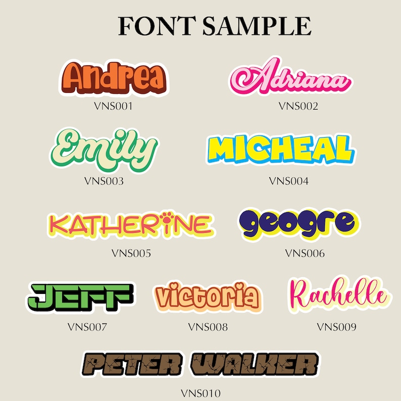 May include: A digital font sample sheet with 10 different fonts in various colors and styles. The fonts are displayed in a grid format with the name of the font and the code VNS001 through VNS010 below each font.