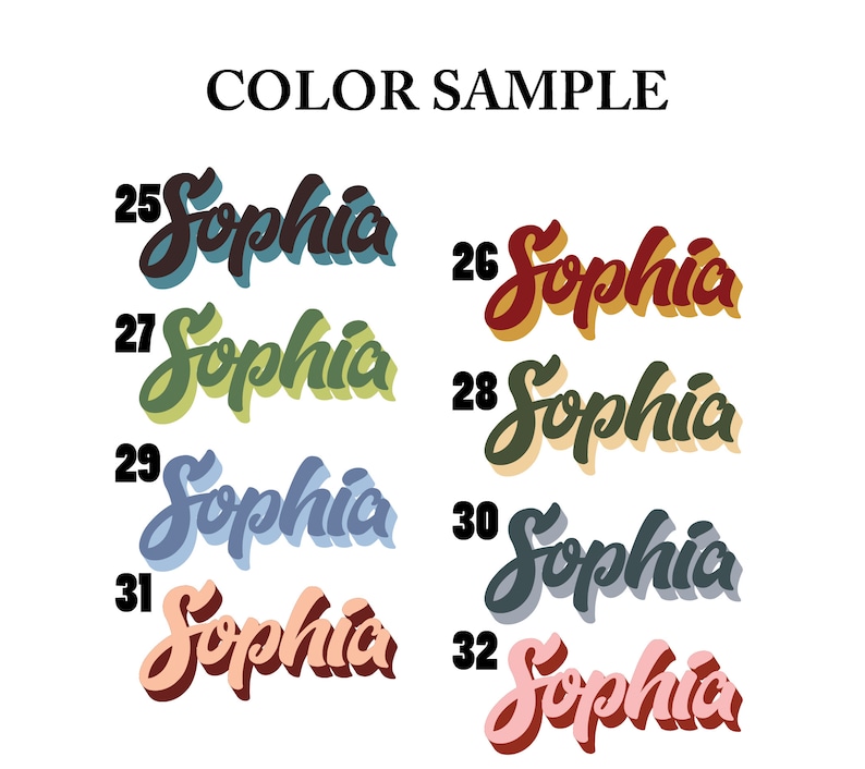 May include: Color chart with the name "Sophia" written in different colors. The colors are: dark brown, red, green, yellow, blue, gray, pink, and maroon.