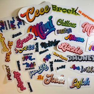 May include: A collection of colorful, personalized name stickers with various fonts and designs. The stickers feature names like Ceece, Brock, Mini, Lizzie, Isla, and more. Some stickers have additional text, such as "Turn on VPN" and "No Turn On".