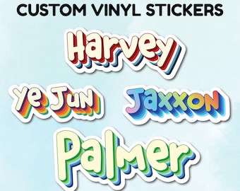 Custom Retro Name Vinyl Stickers, Waterproof Laptop Water Bottle Name Childcare Birthday Kindle Decals