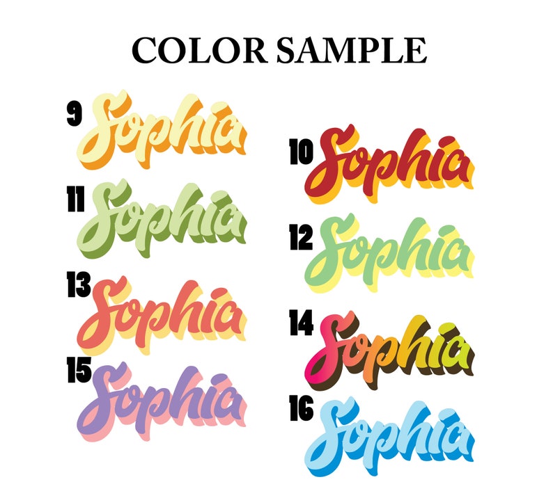 May include: Color samples for the name "Sophia" in various colors, including yellow, orange, red, green, pink, and blue. The name is written in a stylized font with a 3D effect.