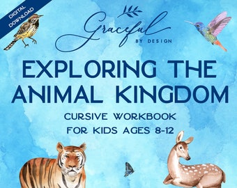 Imprimible: Libro de ejercicios en cursiva Explorando el reino animal para niños de 8 a 12 años