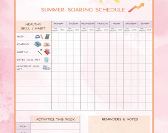 Calendario de verano imprimible / Tabla de tareas semanales y rastreador de actividad para niños / Rosa y naranja