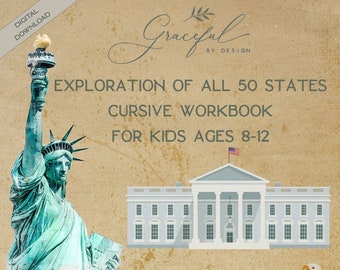Imprimible: libro de ejercicios de exploración de los 50 estados en cursiva para niños de 8 a 12 años