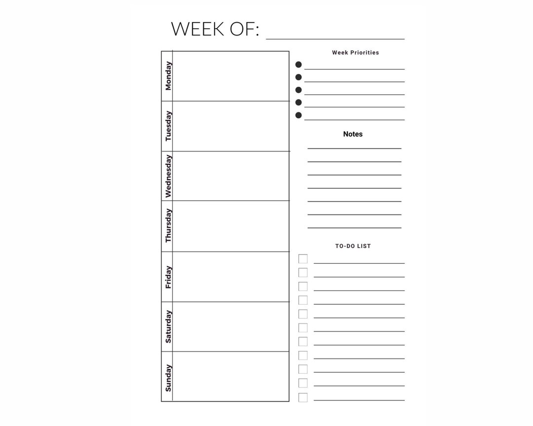 Week Planner PDF Printable Weekly Planner Template Simple Page - Etsy