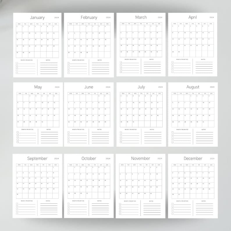2024 12 Month Calendar Template Printable Monthly Calendar Simple