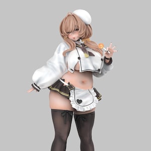 May include: A 3D-printed figurine of a character in a white chef's jacket, black and brown skirt, and black stockings. The figure is holding a lollipop. The base of the figurine has the text "PATREON | SinMal3DSt STL3DM".