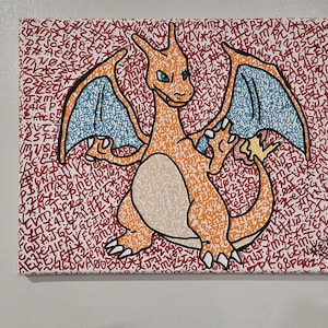 May include: Orange and cream-colored Charizard illustration on a canvas. The background is a pattern of red and white letters and symbols. The wings are blue with a letter pattern. The artwork is a vibrant and detailed depiction of the popular character.