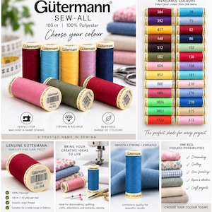 May include: Gütermann Sew-All 100% polyester thread spools in a variety of colours. Each spool contains 100 metres of thread. The image displays multiple reels, a colour chart with numbered options, and text including Gütermann Sew-All, 100 m, 100% Polyester, and various descriptive phrases about the thread's quality and versatility for sewing projects.