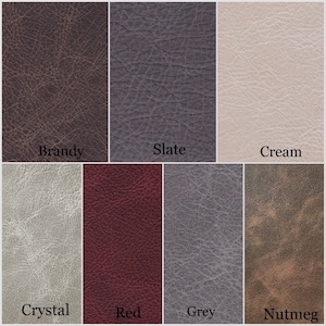May include: Leather swatches in eight different colours: Brandy, Slate, Cream, Crystal, Red, Grey, and Nutmeg.