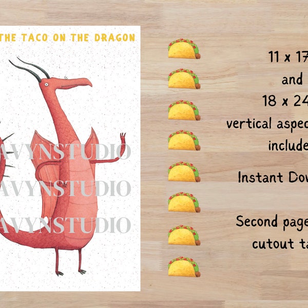 Fija el taco en el juego del dragón, fiesta de cumpleaños de dragones y tacos, juego de actividades de la fiesta del dragón, descarga digital instantánea