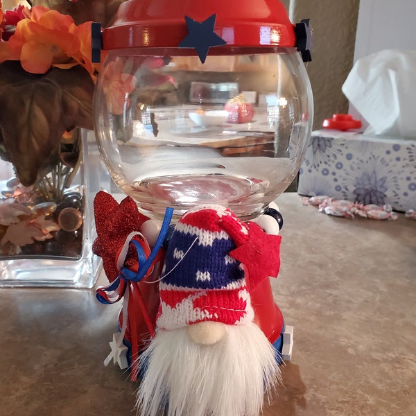 Patriotic Gnome Candy Dish, USA, 4th of July Centerpiece, Country Style Decor, Independence Day, Canister, Gift Exchange, Red White Blue