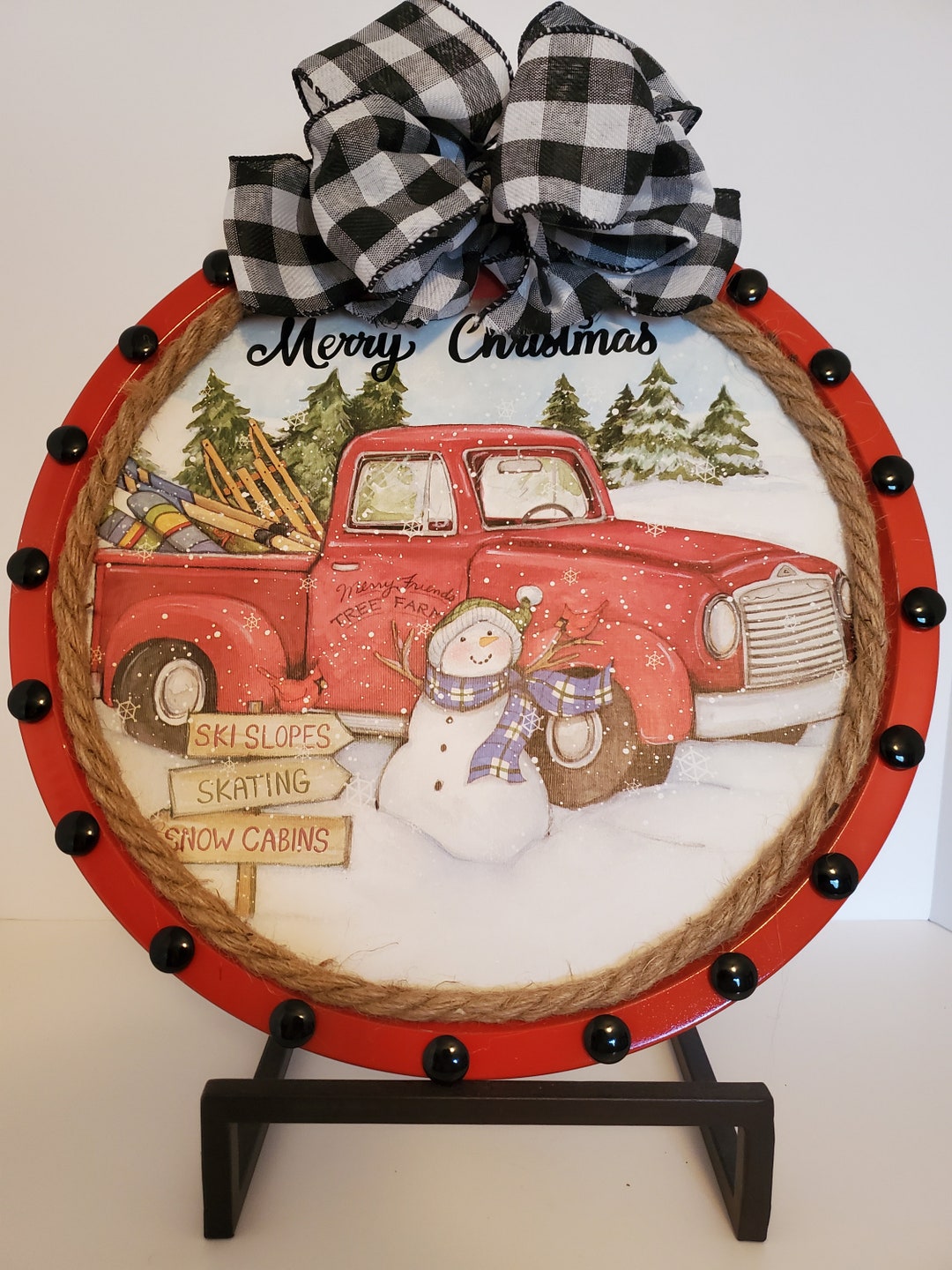 Red Truck Christmas Door Hanger Christmas Wreath Front Door Etsy