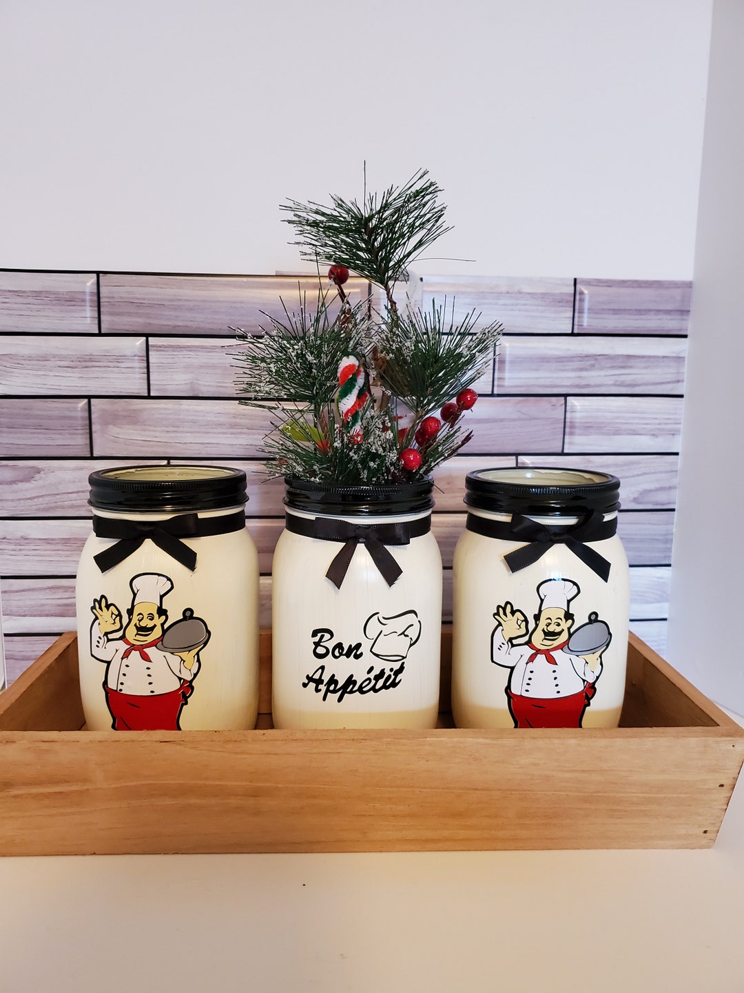 Chef Mason Jar Utensil Holder Set, Kitchen Storage, Housewarming, Hostess Gift, Farmhouse Style