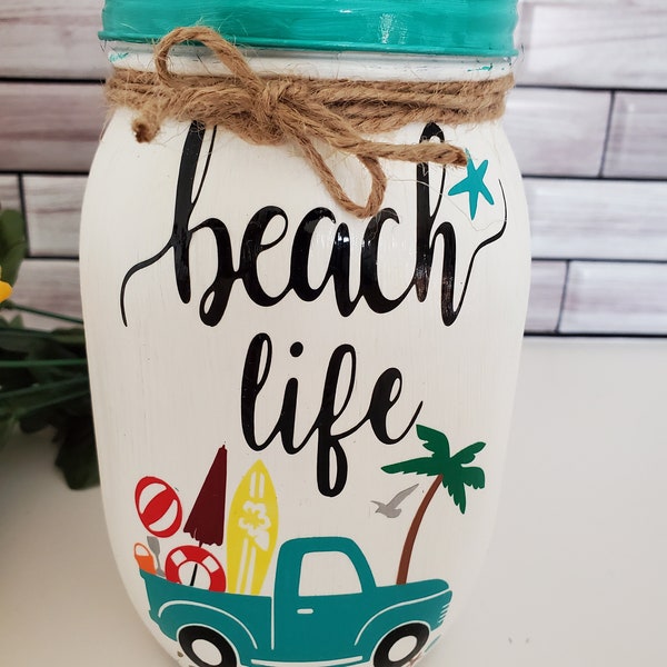 Beach Life Tissue Holder | Quart Mason Jar Tissue Dispensers | Mason Jar Tissue Holder | Canister | Gifts | Kleenex Holder | Birthday Gift