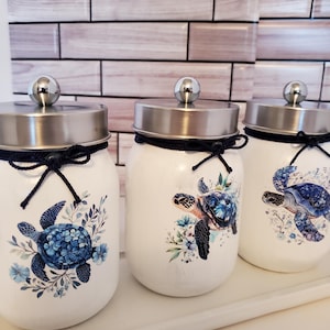 Nautical Bathroom Decor Set: Turtle Mason Jars, Wood Tray