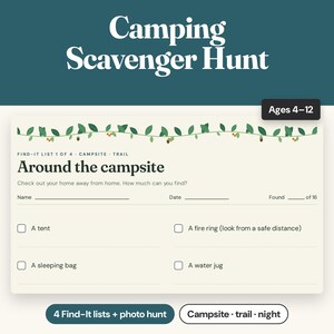 Peut inclure: Une fiche d'activité Camping Scavenger Hunt de couleur crème avec une bordure de vigne verte. Le texte indique Camping Scavenger Hunt, Ages 4-12, Find-it list 1 of 4, Around the campsite, et liste des objets comme une tente, un foyer, un sac de couchage et un bidon d'eau.
