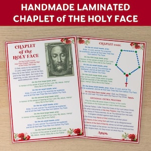 May include: Two laminated prayer cards titled HANDMADE LAMINATED CHAPLET of THE HOLY FACE. The cards feature red rose illustrations, a sepia-toned image of the Holy Face, and detailed prayer instructions with a diagram of a rosary in blue and green.