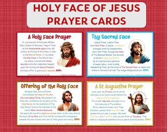 May include: Four printable prayer cards featuring images of Jesus Christ. Each card has a different prayer, including "A Holy Face Prayer", "Thy Sacred Face", "Offering of the Holy Face", and "A St Augustine Prayer".