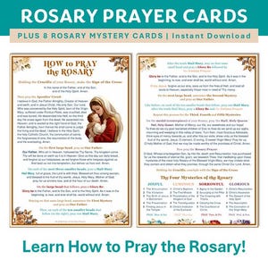 Può includere: Due biglietti di preghiera con istruzioni su come pregare il Rosario, con illustrazioni di Maria e Gesù. Le carte hanno un bordo floreale e il testo "ROSARY PRAYER CARDS" in alto. La parte inferiore dell'immagine recita "Learn How to Pray the Rosary!"