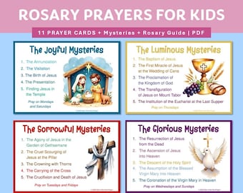 Rosary Prayers for Kids, Kids Printable Prayer Cards, Catholic Prayercard Set, How to Pray Rosary, Marian Holy Cards