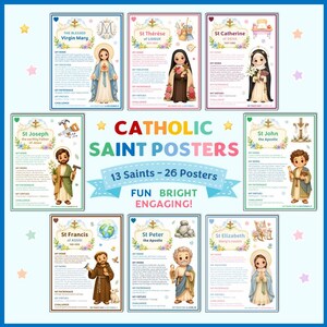 Könnte beinhalten: Eine Sammlung von katholischen Heiligenplakaten mit illustrierten Figuren von Maria, der heiligen Thérèse, Katharina, Josef, Johannes, Franziskus, Petrus und Elisabeth sowie Texten zu ihrem Leben, ihren Tugenden und Gedenktagen.