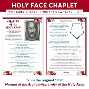 Pode incluir: Um Terço da Santa Face imprimível, com texto e uma imagem da Santa Face. O design inclui um guia de oração e um diagrama de rosário. O texto diz "Printable Chaplet | Instant Download | PDF".