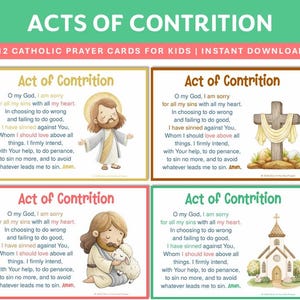 Può includere: Quattro biglietti di preghiera per bambini con il testo "Atto di Contrizione". Le carte presentano illustrazioni di Gesù, una croce, un agnello e una chiesa. Lo striscione in alto recita "Atti di Contrizione."