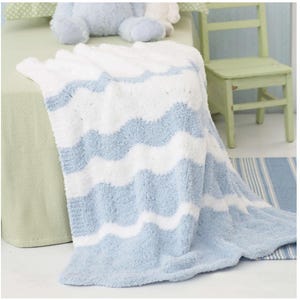 May include: A soft, blue and white striped baby blanket with a wavy pattern. The blanket is made of a fluffy, plush material.