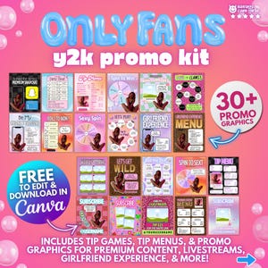 Puede incluir: Kit de gráficos promocionales rosa y azul para OnlyFans, con elementos de diseño y2k. Incluye más de 30 gráficos promocionales, juegos de propinas, menús y gráficos para contenido premium, transmisiones en vivo y experiencia de novia. Descarga gratuita en Canva.