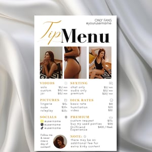Könnte beinhalten: Eine vertikale Menükarte mit dem Titel "Tip Menu" in goldener Schrift. Die Karte zeigt drei Fotos einer Person in Dessous sowie Text, der verschiedene Dienstleistungen detailliert, darunter Videos, Sexting und Bilder. Die Karte enthält auch Social-Media-Handles.