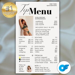 Puede incluir: Un menú de propinas vertical con una foto de una persona en lencería verde. El menú enumera varios servicios, incluyendo videos, fotos y opciones de sexting. El texto incluye identificadores de redes sociales y una nota sobre tarifas adicionales.