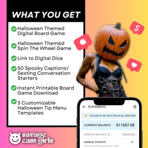 K&ouml;nnte beinhalten: Ein digitales Marketingbild f&uuml;r einen Service, der Halloween-Themen-Digitalspiele, Bildunterschriften und Tippmen&uuml;vorlagen bietet. Das Bild zeigt eine Frau mit einem K&uuml;rbis-Kopf, einen Telefonbildschirm mit einer Gewinn&uuml;bersicht und eine Liste der angebotenen Dienstleistungen. Der Text auf dem Telefonbildschirm lautet "Sie geh&ouml;ren zu den Top 0,73 % aller Ersteller!" und "Aktuelles Guthaben 11&nbsp;587,08 &euro;".