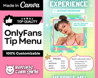 Puede incluir: Un gráfico rosa y verde con el texto "Girlfriend Experience" y "OnlyFans Tip Menu". Incluye una foto de una mujer y una lista de precios de servicios. El gráfico también dice "Message Me!" y "Be My Online Boyfriend!"
