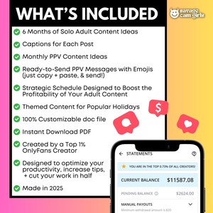 May include: A promotional graphic with the text "WHAT'S INCLUDED" and a list of features, including content ideas, captions, and a customizable document. A smartphone displays account statements with a balance of $11,587.08. The image also includes social media icons.