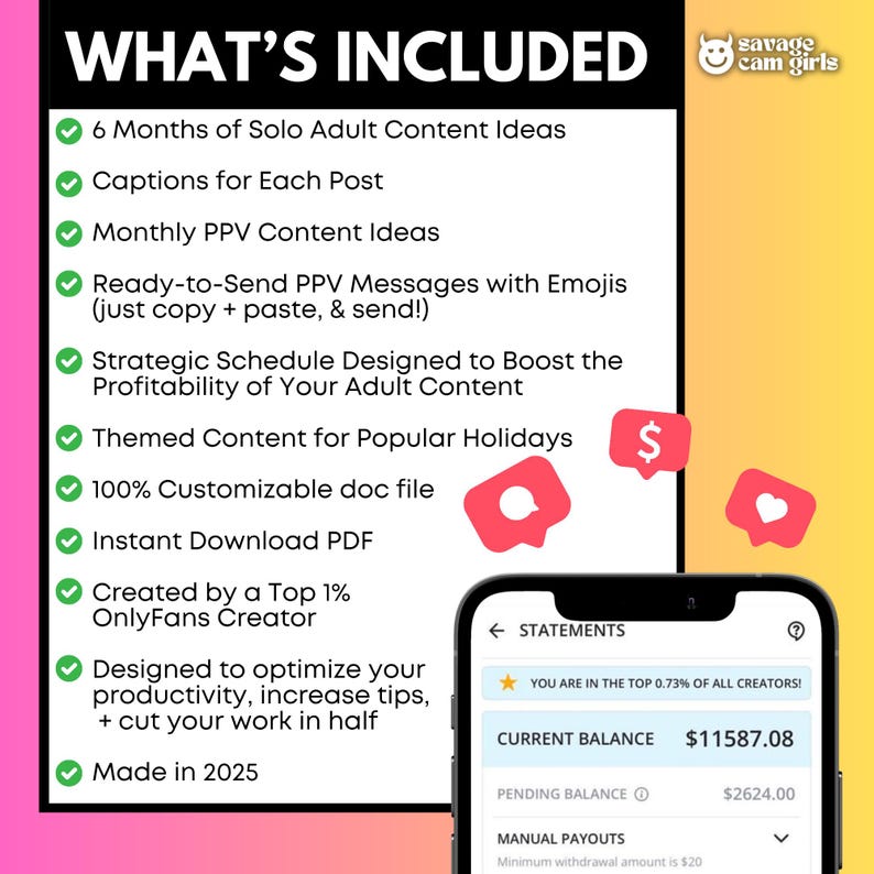 May include: A promotional graphic with the text "WHAT'S INCLUDED" and a list of features, including content ideas, captions, and a customizable document. A smartphone displays account statements with a balance of $11,587.08. The image also includes social media icons.