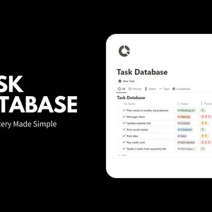 May include: A screenshot of a task management app with a list of tasks, their status, priority, and due dates. The app is called "Task Database" and is described as "Task Mastery Made Simple".